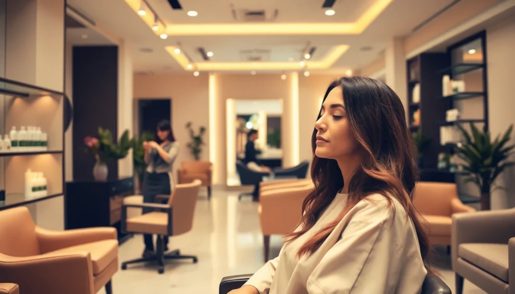 Expert stylist enhancing hair at addendum salon, showcasing relaxation and elegance in a modern interior.