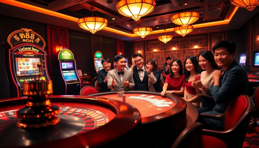 Bí kíp NK88 enhances your gaming strategy at a luxurious Asian online casino, here depicted with poker tables and slot machines.