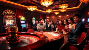 Bí kíp NK88 enhances your gaming strategy at a luxurious Asian online casino, here depicted with poker tables and slot machines.