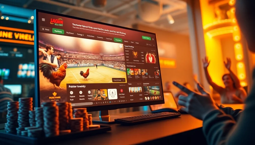 Experience live rooster fighting and casino gaming on dagawin.live with vibrant digital displays.
