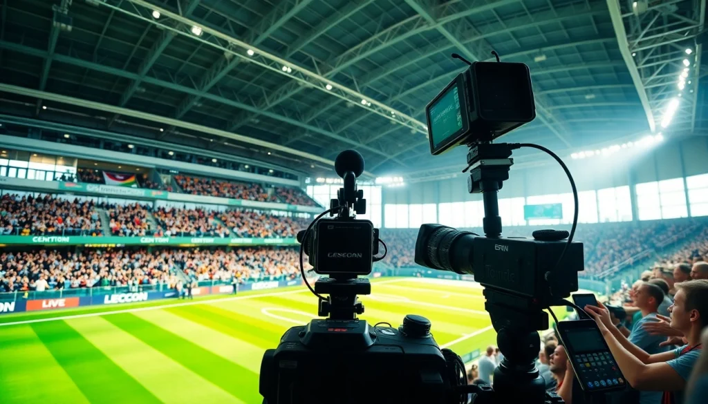 Exciting sports broadcasting scene capturing live audience and broadcast setup during a game.
