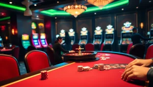 Professional gamblers playing poker at https://www.jun88.org/ in a vibrant casino setting.