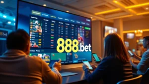 Engaging online betting scene showcasing excitement with 888b.bet logo and sports icons.