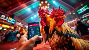 Engaging scene at sv368win.live showcasing live cockfighting betting with dynamic digital interfaces.